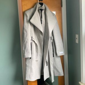 Light grey Calvin Klein belted wrap coat